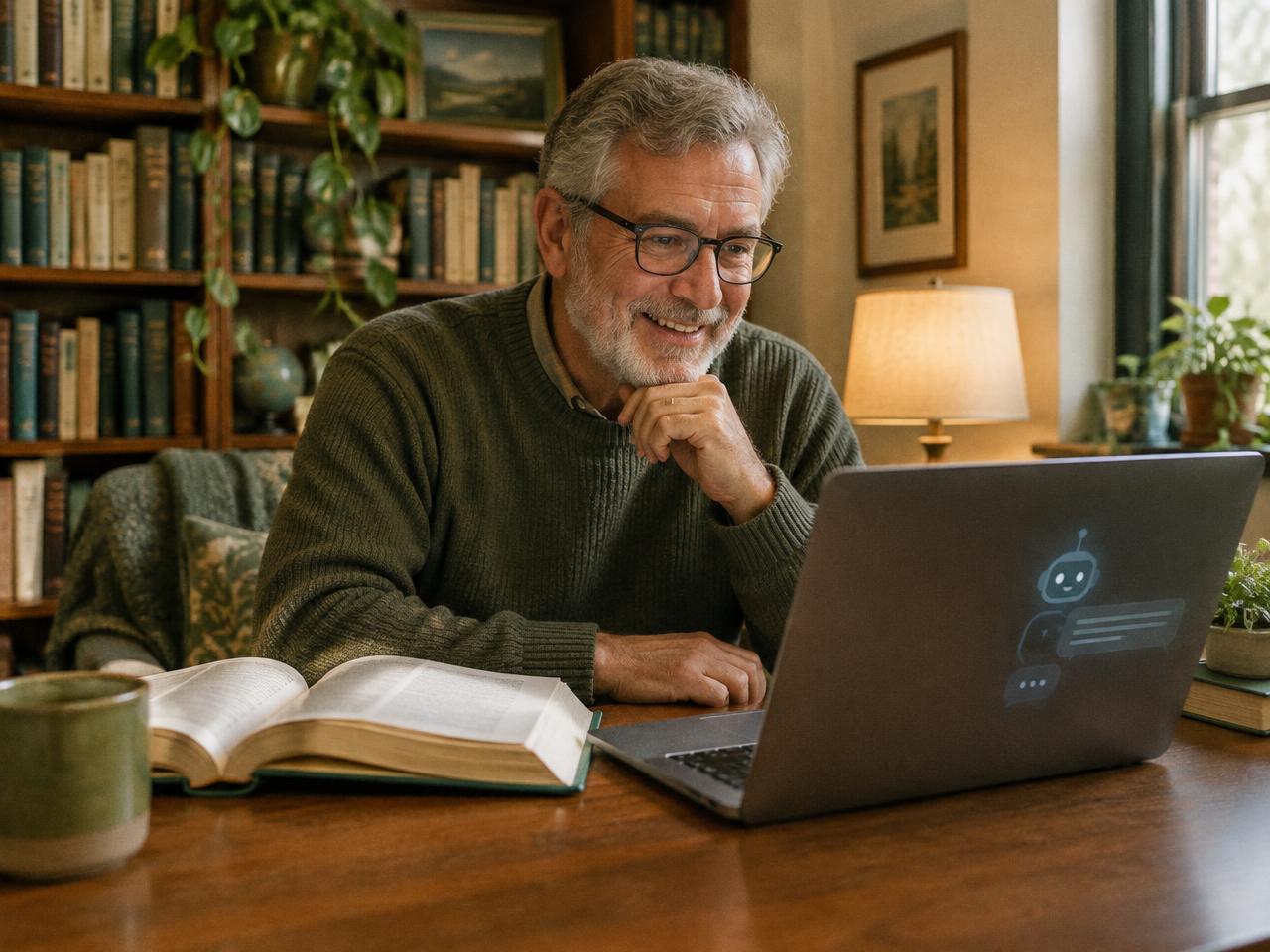 Older man learning something new with an AI assistant and a book