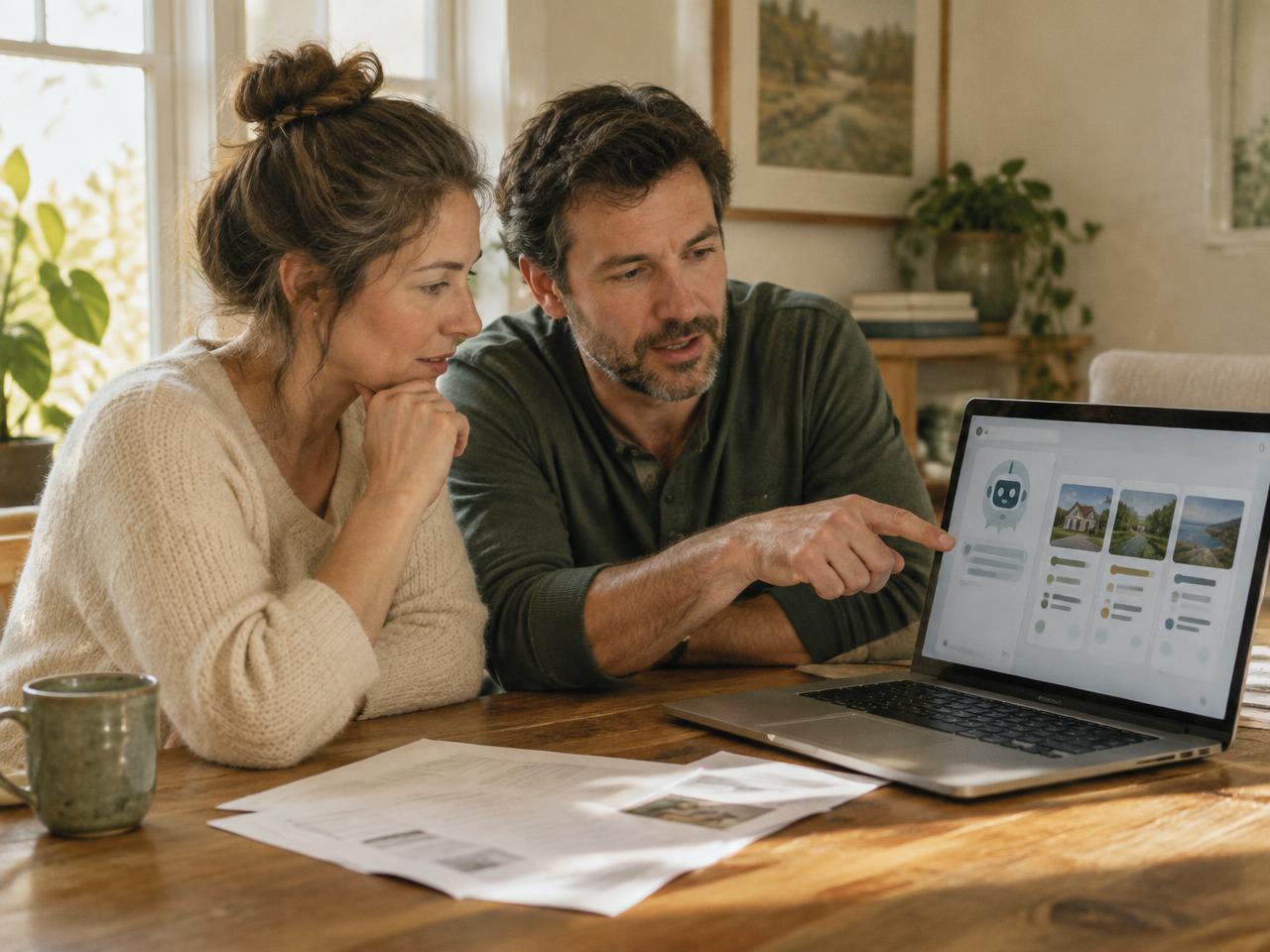 Couple comparing options with an AI assistant before deciding